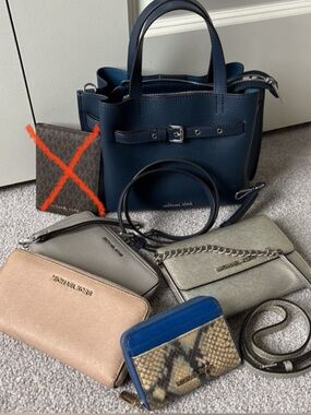 BUNDLE Michael Kors Navy Leather Mini Tote w. Mixed Wallets and Silver Crossbody